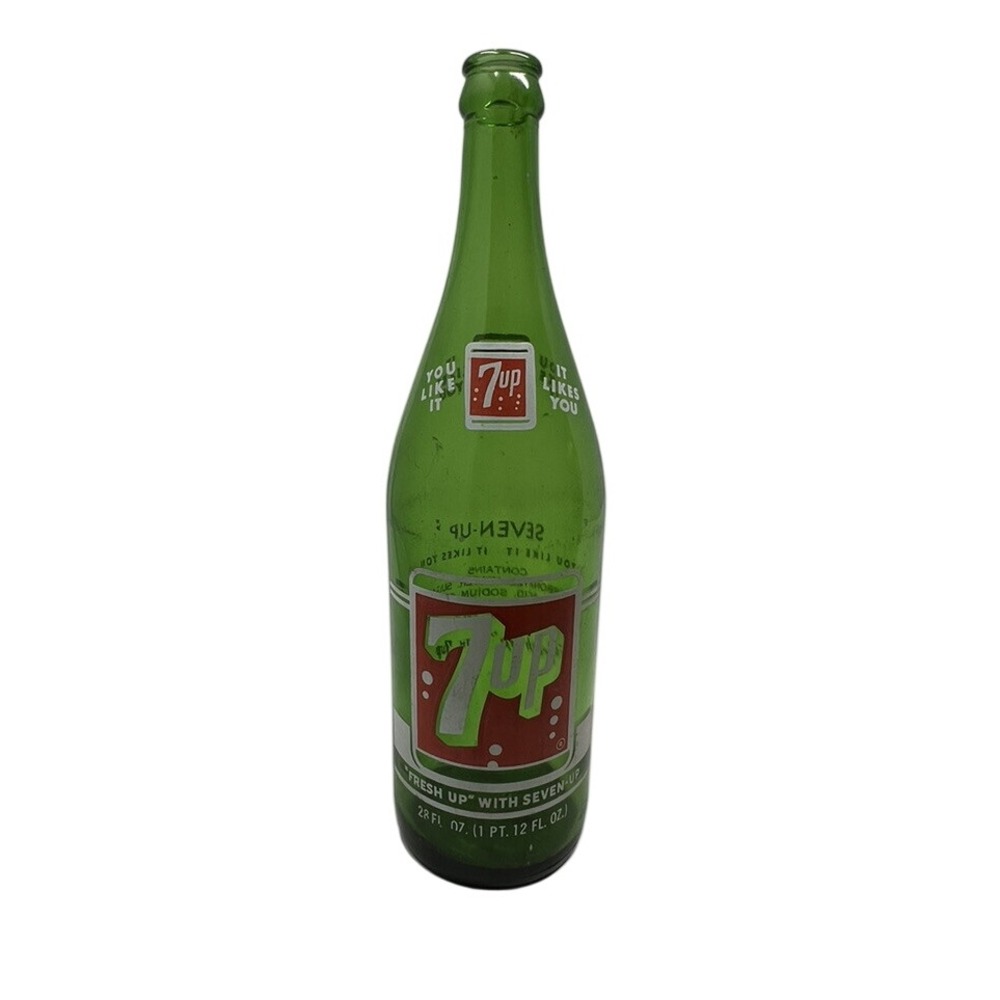 Vintage 7Up Green Glass Bottle 28oz Fresh Up You Like It It Likes You ACL